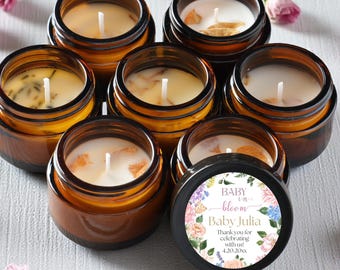 Baby Shower Candle Favors | Baby in Bloom Baby Shower Favors | Personalized 1oz Amber Jar Candles | Spring Floral Shower Favor