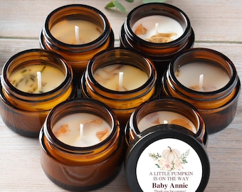 Witte pompoen baby shower cadeautjes, gepersonaliseerde herfstkaarsjes, 28 ml amberkleurige potjes met kaarsjes, pompoen baby shower, verpakking van 10, 25 en 50 stuks