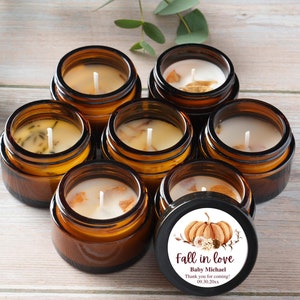 Pumpkin Baby Shower Favors - Bulk Candle Favors for Guests - "Falling in Love with Baby" - Baby Boy Baby Girl - Gender Neutral 1oz Amber Jar