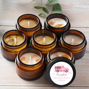 Little Pink Pumpkin Truck Baby Shower Candle Favors - Bulk Favors for Guests - Gender Neutral Boy Baby Shower Gift - Amber Glass Jar Favors