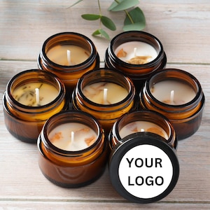 Custom Logo Candle Favors – Corporate Gifts for Clients & Employees – Personalized Holiday Swag – 1oz Amber Jar Candles – 10/25/50 Bulk Pack