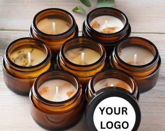 Custom Logo Candle Favors – Corporate Gifts for Clients & Employees – Personalized Holiday Swag – 1oz Amber Jar Candles – 10/25/50 Bulk Pack