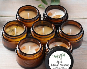 Recuerdos de despedida de soltera personalizados de otoño con temática verde: velas de soja hechas a mano para bodas, despedidas de soltera y baby showers - Vidrio ámbar de 1 oz