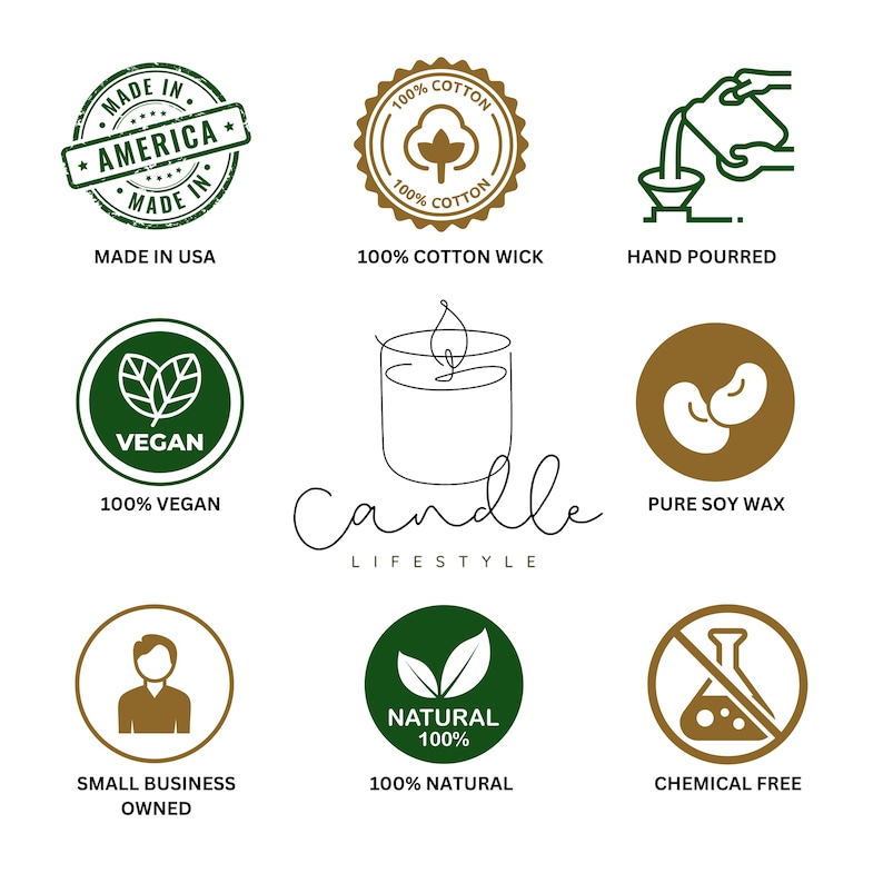 May include: A collection of nine green and brown circular icons with white text. The icons represent the following: Made in USA, 100% Cotton Wick, Hand Poured, 100% Vegan, Pure Soy Wax, Small Business Owned, 100% Natural, Chemical Free. The text "Candle Lifestyle" is written in cursive below the icons.
