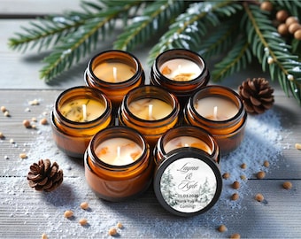 Winter Wonderland Candle Favors, Snowflake Wedding Favors, 1oz Amber Jar Soy Candle, Personalized Bridal Shower Guest Gifts Set of 10/25/50