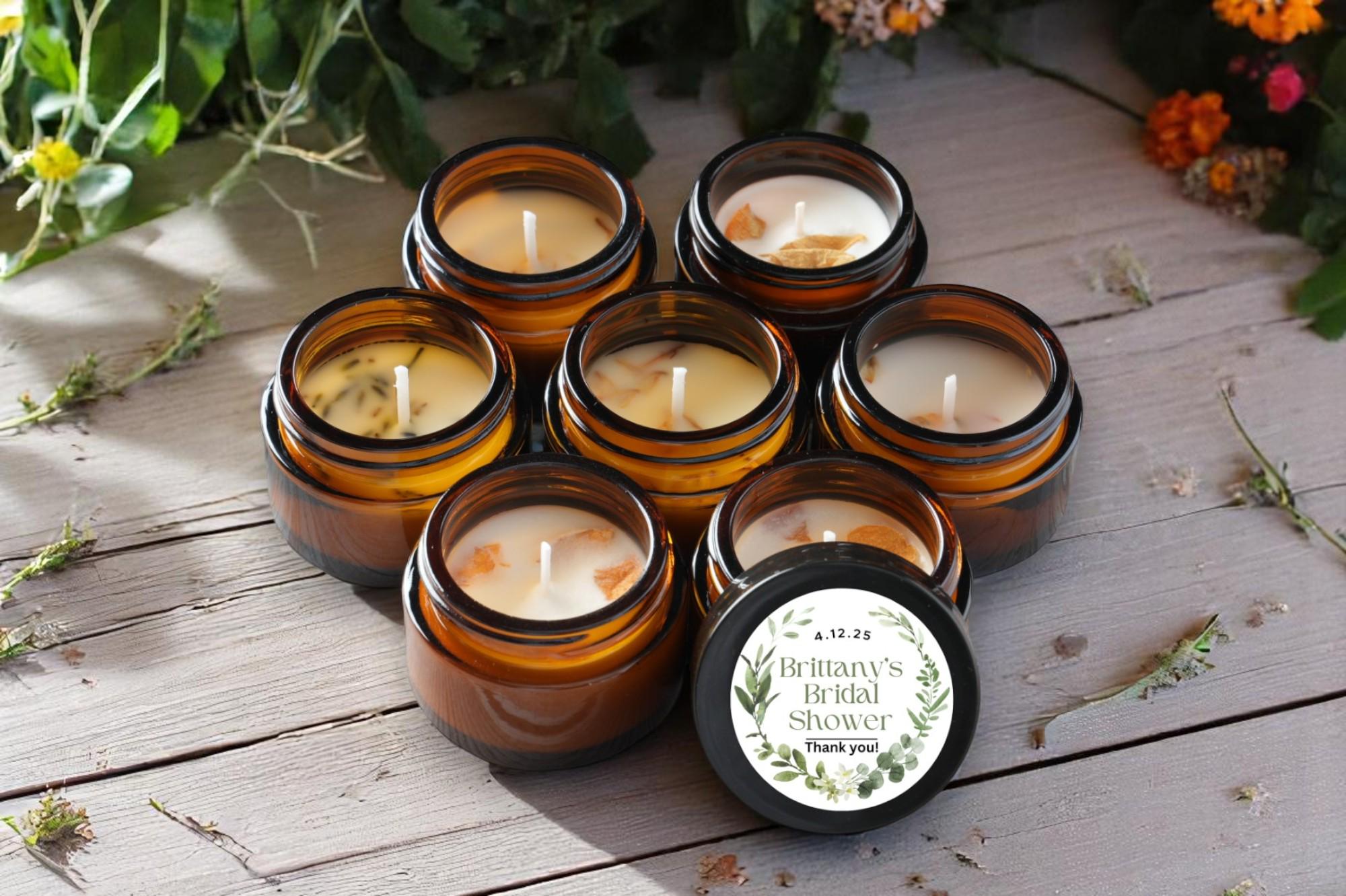 Greenly Amber Jar Candle Favors – Dried Flowers – Personalized Soy Wax Gifts – Bulk 10/25/50 – Wedding, Baby & Bridal Shower Favors