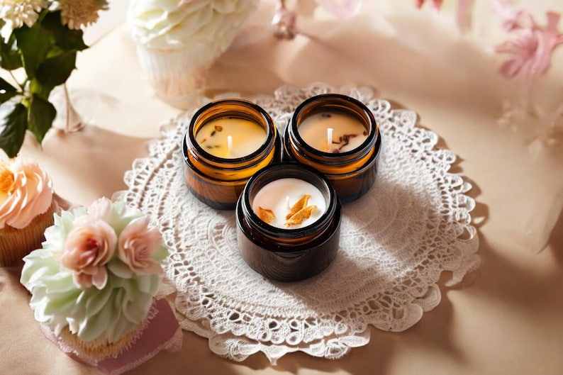 May include: Three small, amber-colored glass jar candles with white wax and dried botanicals sit on a white lace doily. The candles are surrounded by cupcakes and flowers, creating a warm and inviting scene.