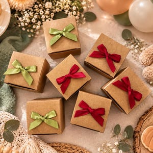 May include: Six square brown cardboard gift boxes arranged in a cluster. Three boxes are adorned with sage green satin ribbons tied in bows, while the other three boxes feature deep red satin ribbons tied in bows, creating a festive presentation.