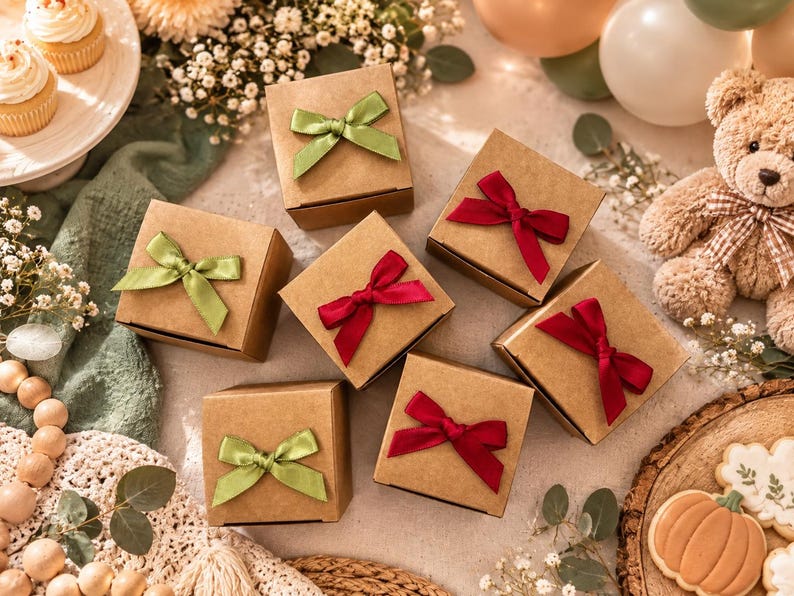 May include: Six square brown cardboard gift boxes arranged in a cluster. Three boxes are adorned with sage green satin ribbons tied in bows, while the other three boxes feature deep red satin ribbons tied in bows, creating a festive presentation.