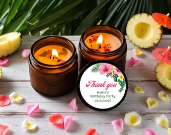 Tropical Wedding Favors: Custom Soy Candle & Monstera Coaster - 1oz Amber Jar, 10 Pack