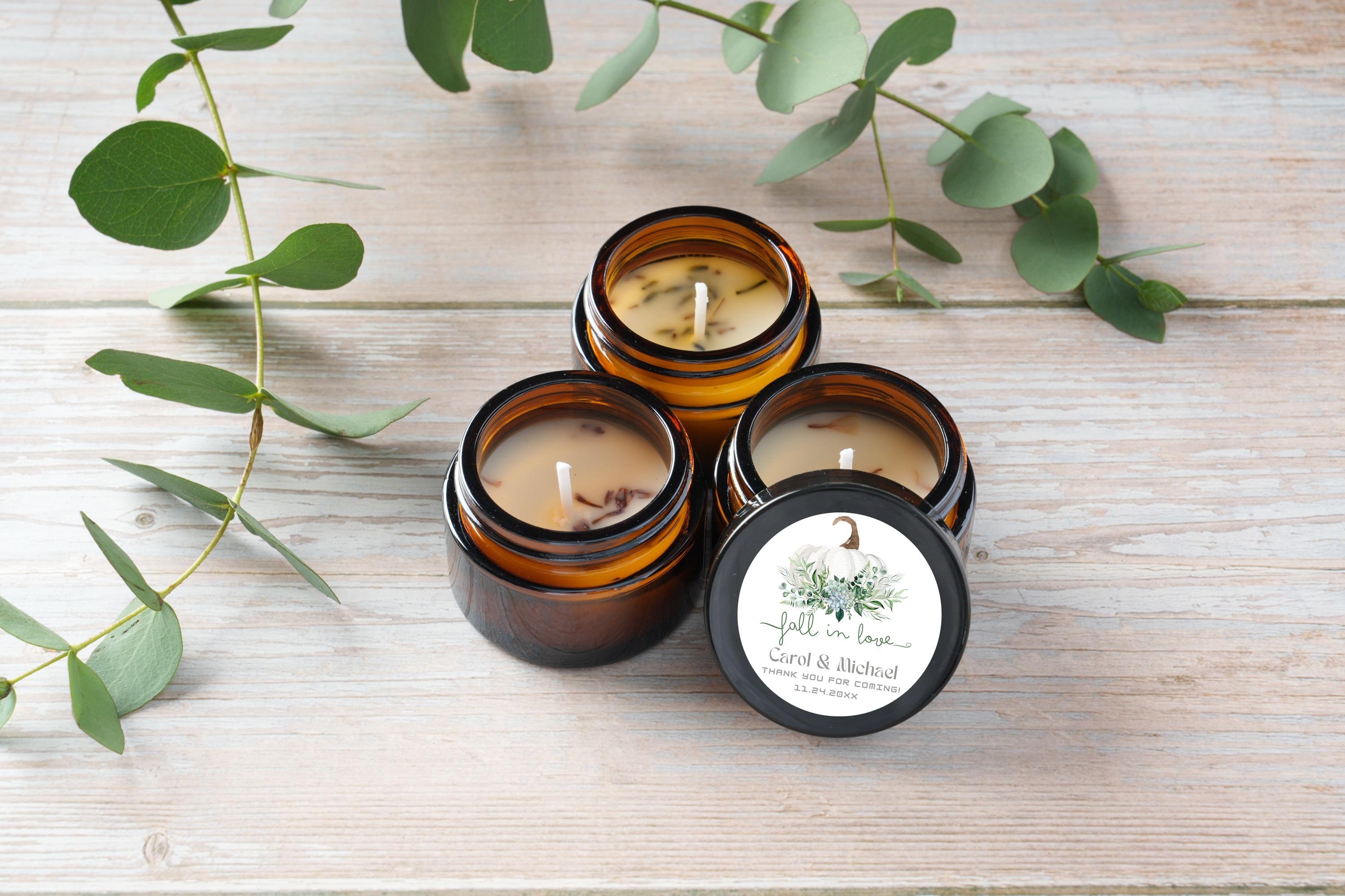 10/25/50 Fall in Love Bridal Shower Candle Favors - Greenery Pumpkin Wedding Favors -Bulk Amber Jar Favors for Guests -Winter Wedding Favors