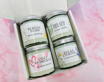 Set regalo di campioni di candele calde invernali • Confezione da 4 candele di soia accoglienti • Set di candele profumate invernali • Confezione regalo per le feste • Idea regalo per fragranze per la casa