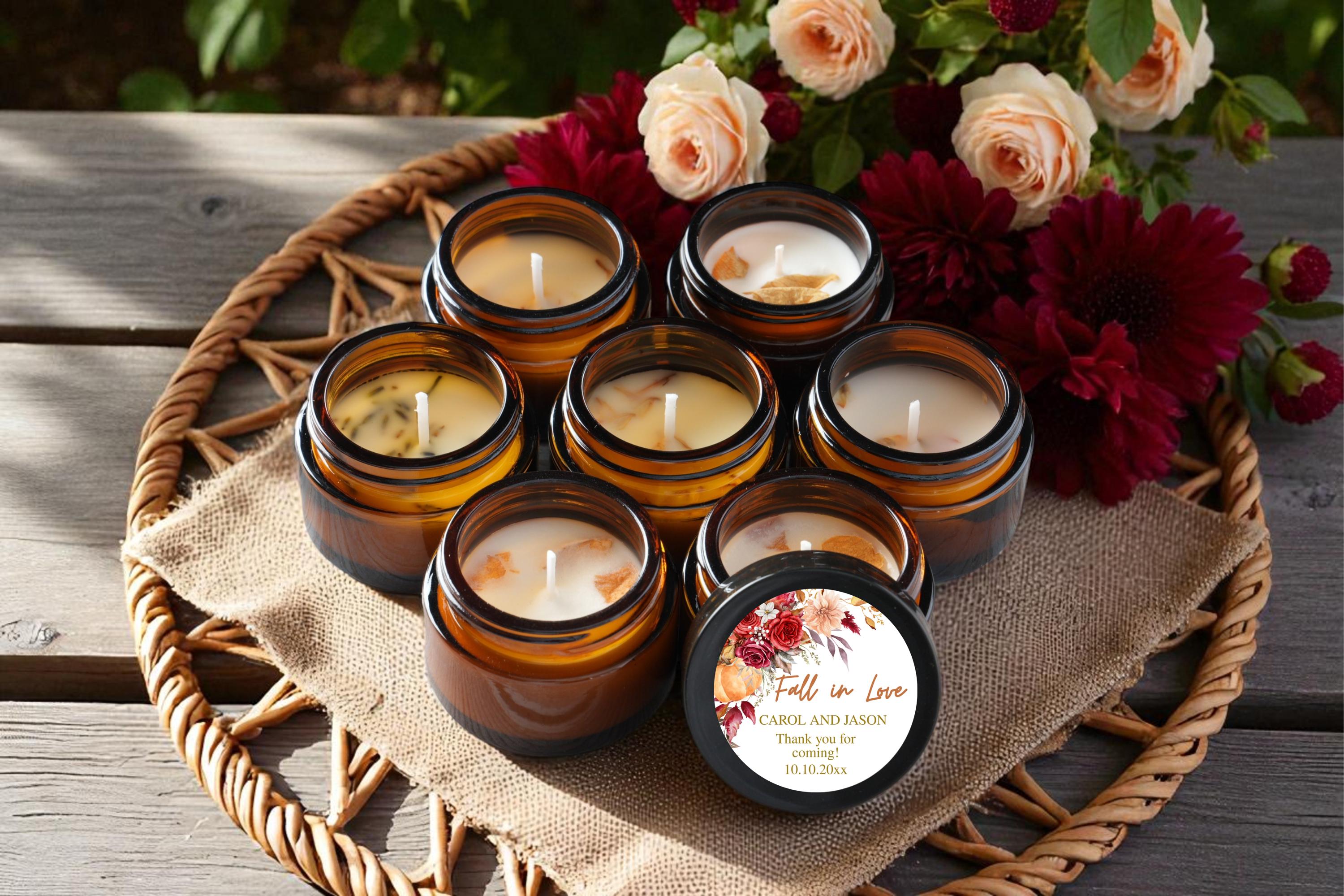 Autumn Wildflower Pumpkin Wedding Favors – Fall Floral Candle Gifts – Boho Terracotta Burgundy – 10/25/50 Pack – 1oz Amber Jar - Custom Gift