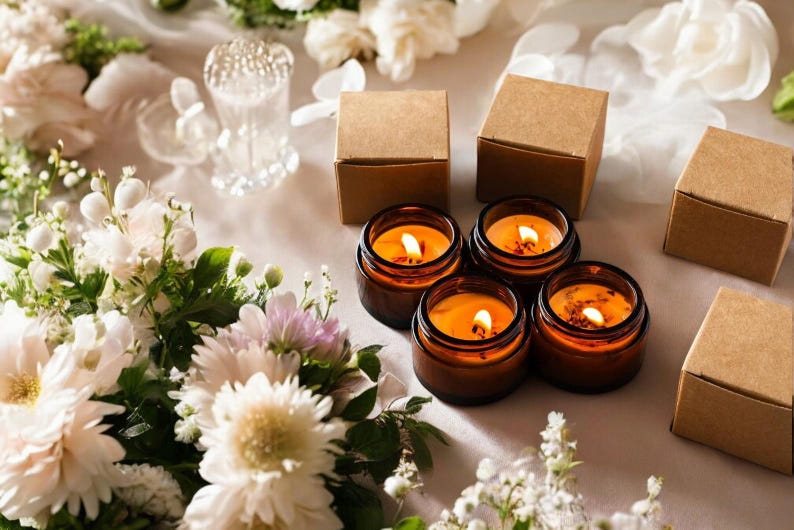 May include: Four amber glass jars containing lit candles with visible flames, arranged alongside four small square brown cardboard boxes. The scene is decorated with white and light pink flowers, including chrysanthemums and small blossoms.