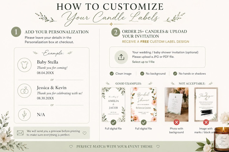 May include: An instructional graphic titled HOW TO CUSTOMIZE YOUR CANDLE LABELS. It outlines two steps: adding personalization details and uploading an invitation for a custom design. It includes examples of text, file requirements, and visual guides.