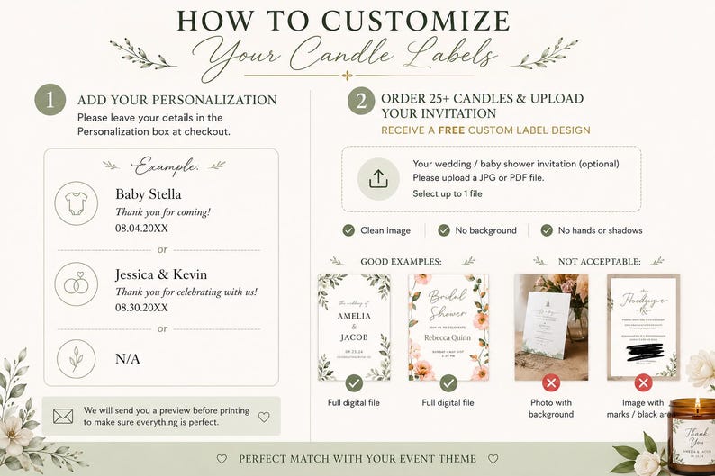 May include: A guide on how to customize candle labels, with examples for personalization and uploading invitations. Includes instructions for adding details, uploading a JPG or PDF, and examples of acceptable and unacceptable image formats.