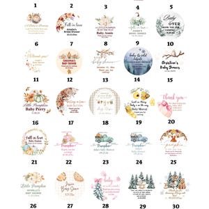 May include: A collection of thirty-three circular adhesive labels featuring various seasonal and celebratory graphic designs, including pumpkins, floral wreaths, woodland animals, and holiday themes, with customizable text for baby showers and bridal events.