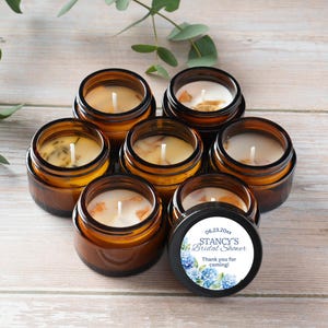 Personalized Wedding Candle Favors: Blue Hydrangea, Amber Glass, Soy Wax (1oz)