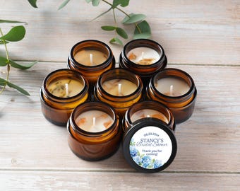 Personalized Wedding Candle Favors: Blue Hydrangea, Amber Glass, Soy Wax (1oz)