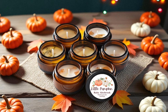 Little Pumpkin Baby Shower Candle Favors | Personalized Fall Baby Shower Favors, Pumpkin Theme Soy Candles, 1oz Amber Jar, Set of 10, 25, 50