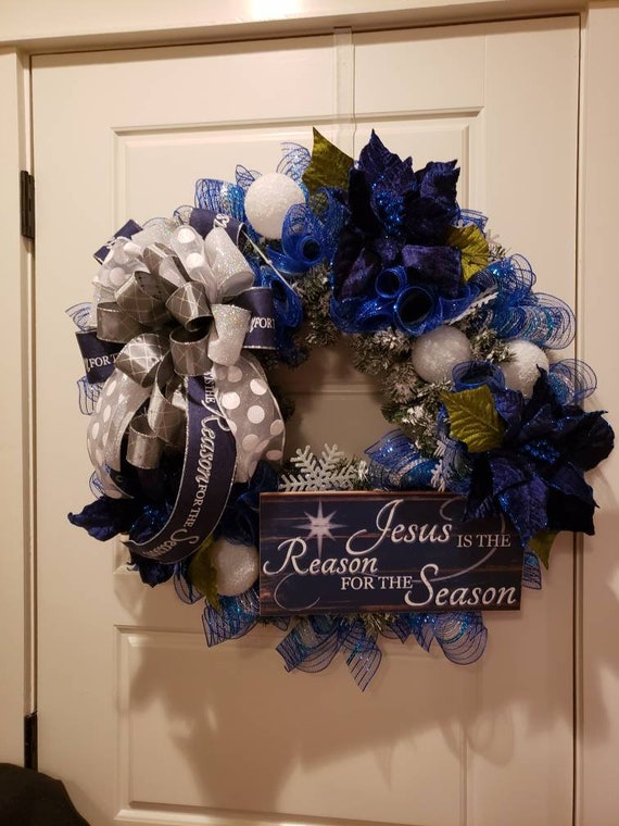 Blue Christmas Wreaths Jesus is the Reason Large Christmas Wreath for FrontDoor Religious Wreath Large Magnolia Wreath Elegant Wreath
