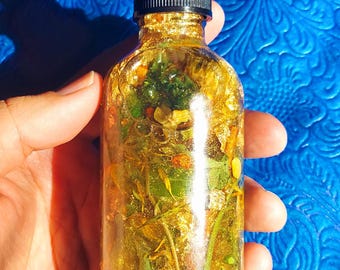 Money Oil Intention Ritual Prosperity Conjure Oil with Herbs, Gems, Gold Leaf | Wealth Attraction Hoodoo Oil Bank Prosperity Conjure