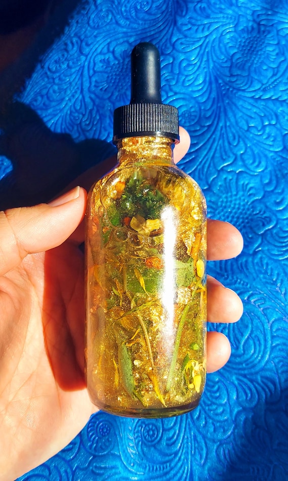 Money Oil Intention Ritual Prosperity Conjure Oil with Herbs, Gems, Gold Leaf | Wealth Attraction Hoodoo Oil Bank Prosperity Conjure