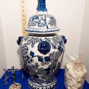 Olokun Sopera Tinaja Vessel Blue and White Yemaya Tureen with 4 Heads Lucumi Yoruba Orisha Vessel Olocun Altar shells & Olokun Metal Tools