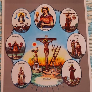 May include: A colorful illustration of a religious scene with figures of saints and a crucifix. The figures are surrounded by a chain with anchors. The text "OLOFI" is at the bottom of the image.