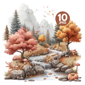 Autumn Landscapes Clipart Set, 10 High Quality 300 DPI JPGs, Fall Forest Scene, Mountain River Illustration, Rustic Nature Printable