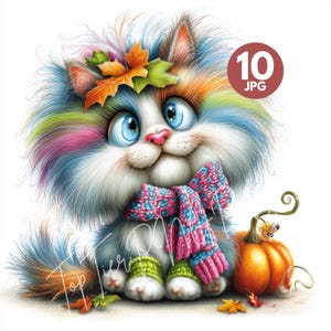 10 herfst kat clipart, aquarel jpg, regenboog kitten kunst, schattig herfsthuisdier, plakboek, kaarten maken, ongewenste dagboek, digitale download, voor ambachten