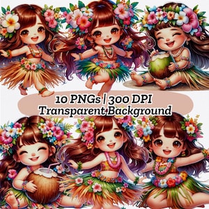 Hawaiian Girl Clipart, Cute Hula Girl Clipart, Aloha Tropical Flowers, Cute Hula Girl, Tropical Beach, Hula Dance Watercolor PNG Party Decor