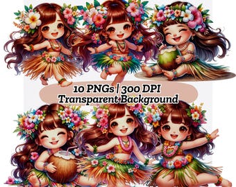 Hawaiian Girl Clipart, Cute Hula Girl Clipart, Aloha Tropical Flowers, Cute Hula Girl, Tropical Beach, Hula Dance Watercolor PNG Party Decor