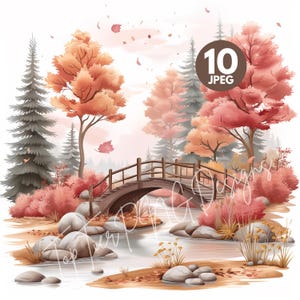 Autumn Landscapes Clipart Set, 10 High Quality 300 DPI JPGs, Fall Forest Scene, Mountain River Illustration, Rustic Nature Printable