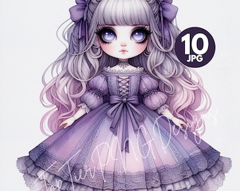 Pastell Lila Puppe Aquarell Clipart: Lila Kleid, Scrapbook Kunst (Digitaler Download JPG)