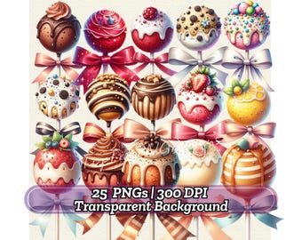 Cake Pop Clipart, Cute Cake Pops Watercolor Sweets, Valentine&#39;s Day Cake Pop Clipart, Birthday Party Decor, Digital Download, Commercial Use