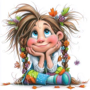 K&ouml;nnte beinhalten: Cartoon-Illustration eines M&auml;dchens mit braunen Z&ouml;pfen, geschm&uuml;ckt mit Blumen und Herbstbl&auml;ttern. Sie l&auml;chelt und blickt nach oben, das Kinn auf ihren H&auml;nden ruhend. Ihr Outfit umfasst ein wei&szlig;es Hemd und eine Patchwork-Hose.