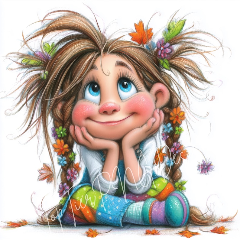 K&ouml;nnte beinhalten: Cartoon-Illustration eines M&auml;dchens mit braunen Z&ouml;pfen, geschm&uuml;ckt mit Blumen und Herbstbl&auml;ttern. Sie l&auml;chelt und blickt nach oben, das Kinn auf ihren H&auml;nden ruhend. Ihr Outfit umfasst ein wei&szlig;es Hemd und eine Patchwork-Hose.
