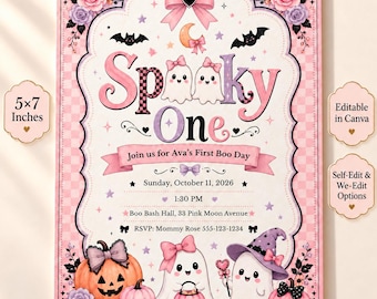 May include: A 5x7 inches invitation card featuring pink and purple Halloween graphics. Text reads Spooky One, Join us for Ava's First Boo Day, Sunday, October 11, 2026, 1:30 PM, Boo Bash Hall, 33 Pink Moon Avenue, RSVP: Mommy Rose 555-123-1234.