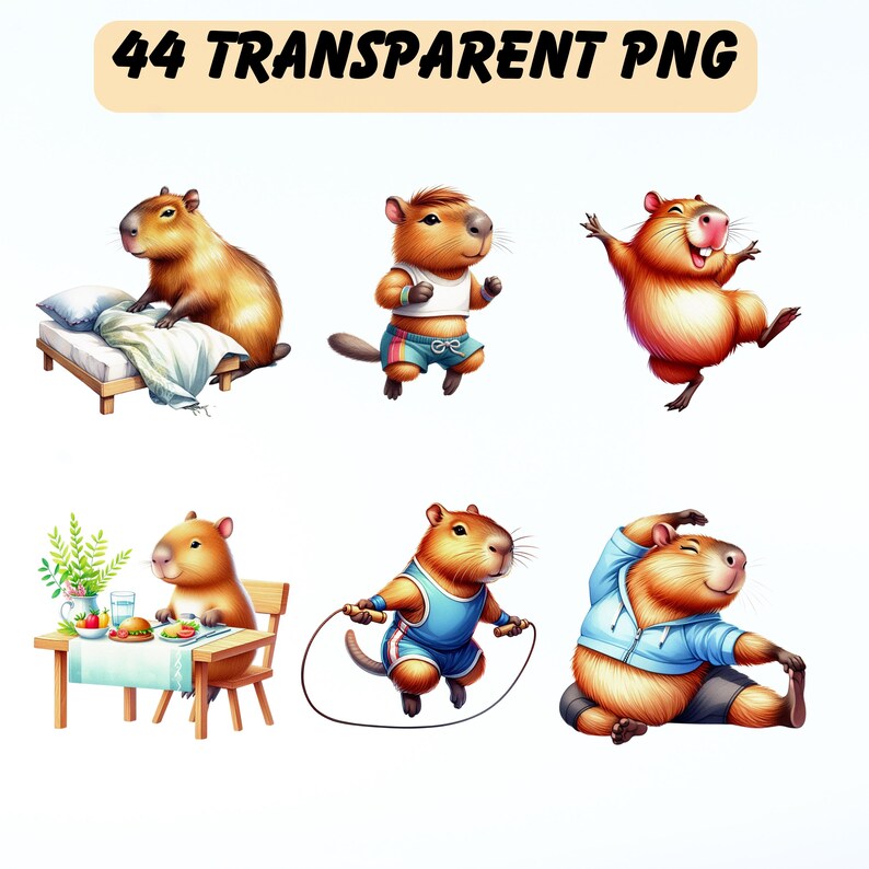 44 Daily Capybara Clipart PNG, Watercolor Routine Activities, Neutral ...