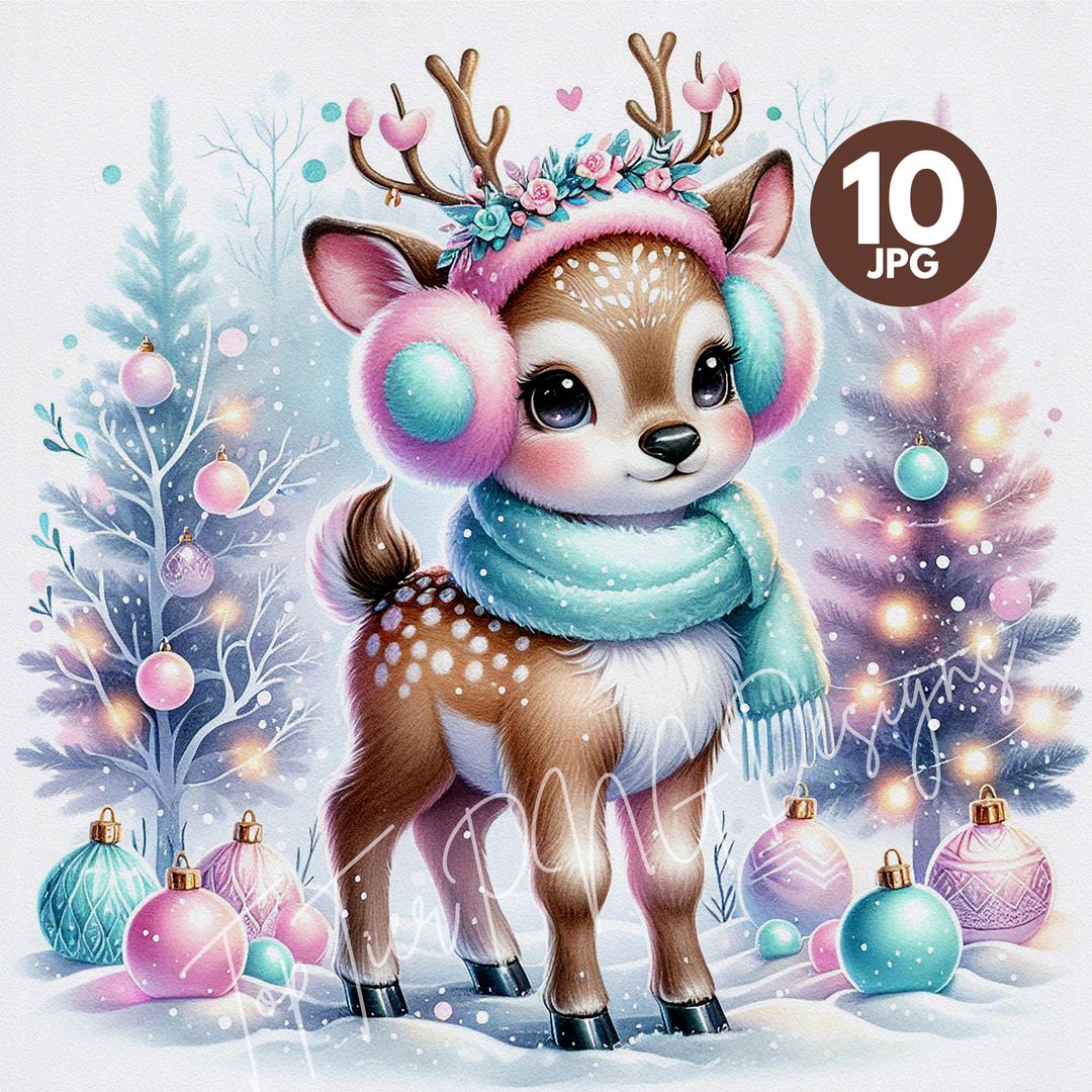 Christmas Reindeer Fawn Clipart Bundle Watercolor JPG, Holiday Card Art ...