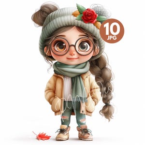 Raccolta di clipart di ragazze autunnali carine, 10 JPG di alta qualità a 300 DPI, foglie autunnali pastello, illustrazioni di foglie acquerellate, grafiche autunnali originali