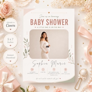 Invitación moderna para baby shower editable, diseño centrado en la foto, plantilla de imagen con motivos botánicos y rosa rubor, invitación digital para móvil