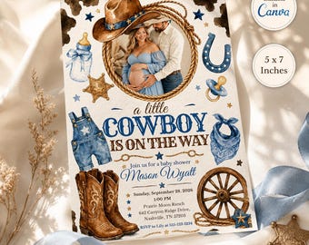 Cowboy Baby Shower Photo Invitation, Blue Western Printable Invite, Watercolor Rodeo Baby Shower Evite, Rustic Boy Party