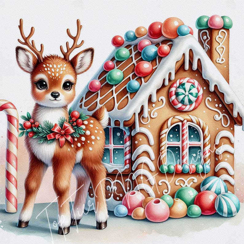 Christmas Reindeer Fawn Clipart Bundle Watercolor JPG, Holiday Card Art ...