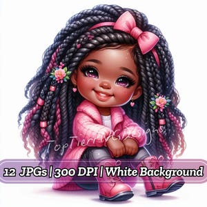 Clipart Little Black Girl, trendy vlechten JPG, Beautiful Black Girl JPG, aquarel Clipart JPG, kaarten maken, plakboek, junkjournaling
