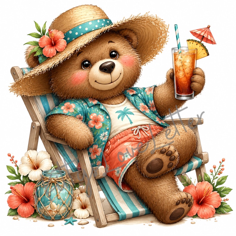 10 Summer Animals Clipart featuring cute teddy bears in beach chairs with straw hats, fruity drinks, tropical outfits, and watercolor-style summer details.