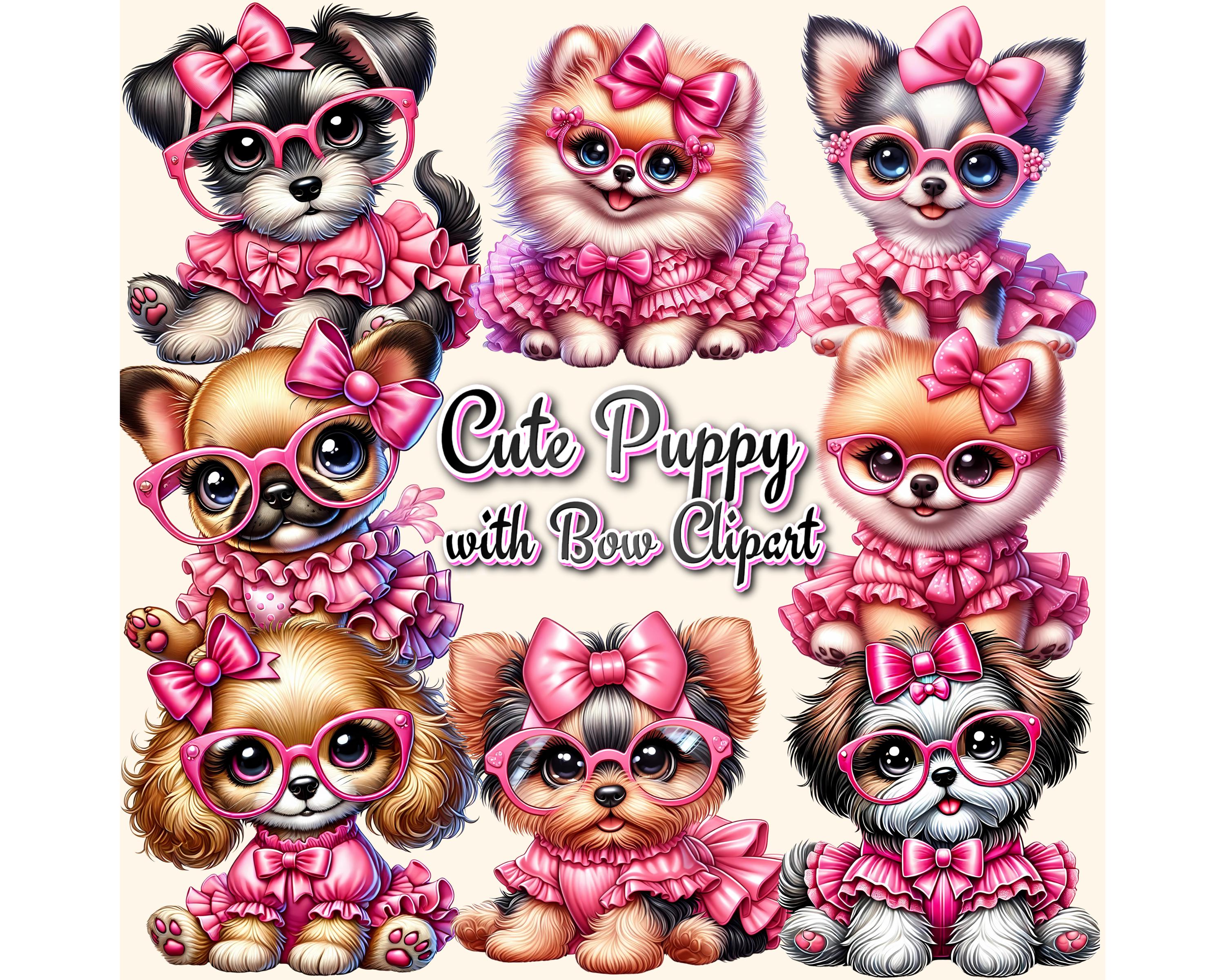 Cute Puppy With Bow Clipart, Cute Dog Clipart With Bow, Watercolor Dog ...
