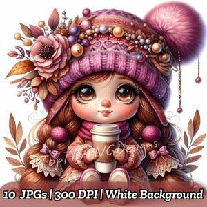 Coffee Girl Gnome Clipart Bundle, Coffee Lover Girl Gnome, Cute Gnome JPG, Watercolor Coffee Beans, Nursery Decor, Digital Download
