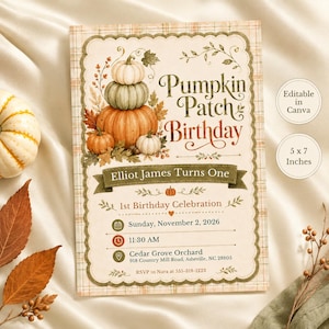 May include: A rectangular birthday invitation card featuring a stack of illustrated pumpkins, autumn leaves, and the text Pumpkin Patch Birthday, Elliot James Turns One, 1st Birthday Celebration, Sunday, November 2, 2026, 11:30 AM, Cedar Grove Orchard.